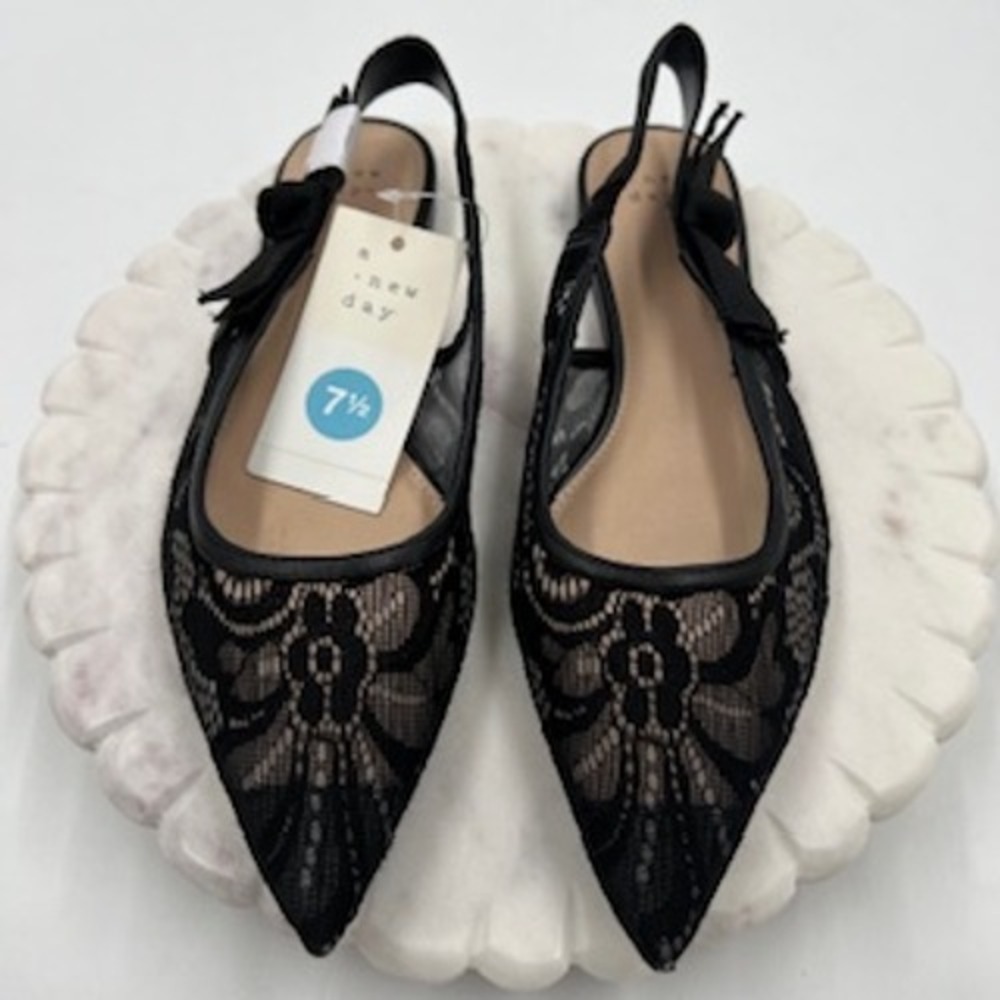 A New Day London Black Floral Lace Mesh Slingback Pointed Toe Bow Flats 7.5 NEW